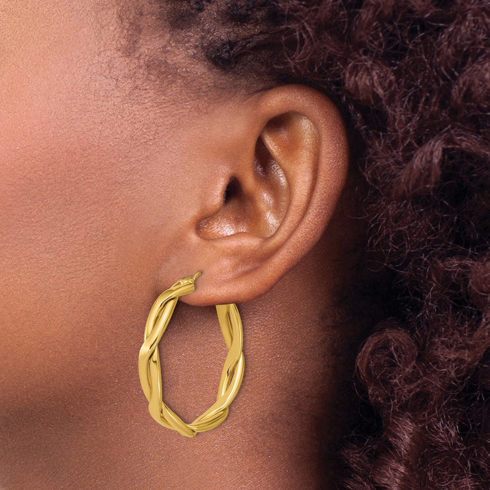 14K Yellow Gold Polished Fancy Twist Round Hoop Earrings
