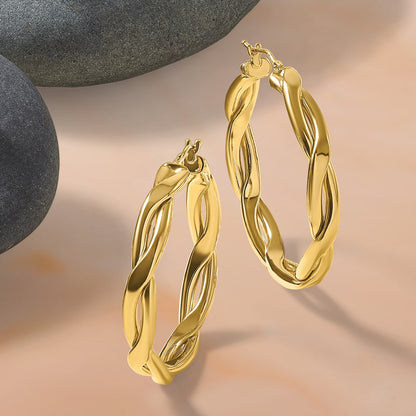 14K Yellow Gold Polished Fancy Twist Round Hoop Earrings