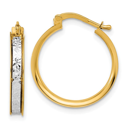 14K Two Tone Polished / Diamond Cut Round Hoop Earrings