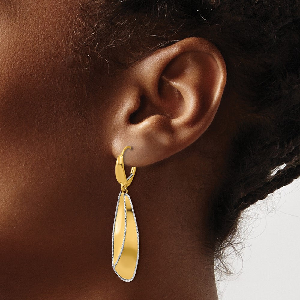 14K Two Tone Polished / Dia Cut Dangle Leverback Earrings