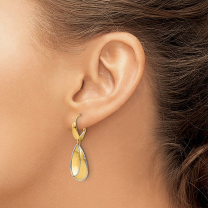 14K Two Tone Polished / Dia Cut Dangle Leverback Earrings