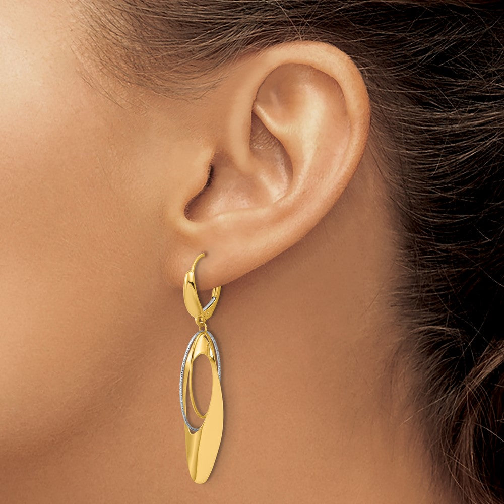 14K Two Tone Polished / Dia Cut Dangle Leverback Earrings