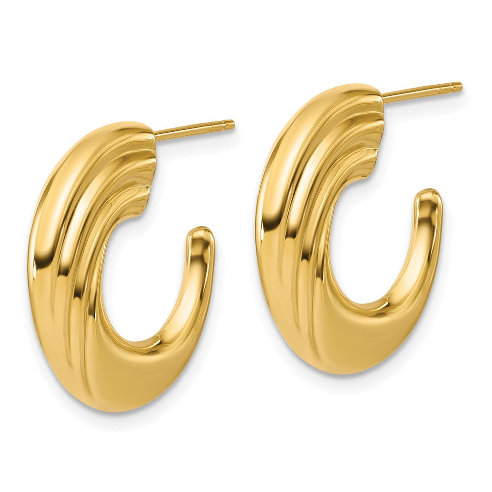 14K Yellow Gold Polished And Grooved J Hoop Post Earrings