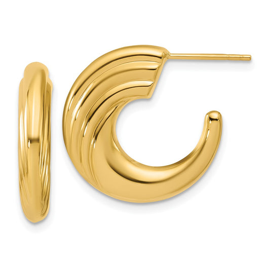 14K Yellow Gold Polished And Grooved J Hoop Post Earrings