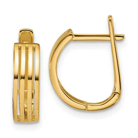 14K Yellow Gold Polished And Grooved Hinged Hoop Earrings