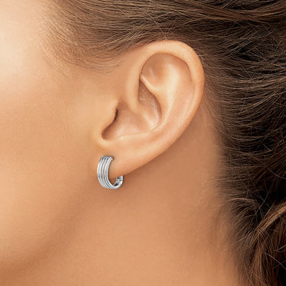 14K White Gold Polished And Grooved Hinged Hoop Earrings