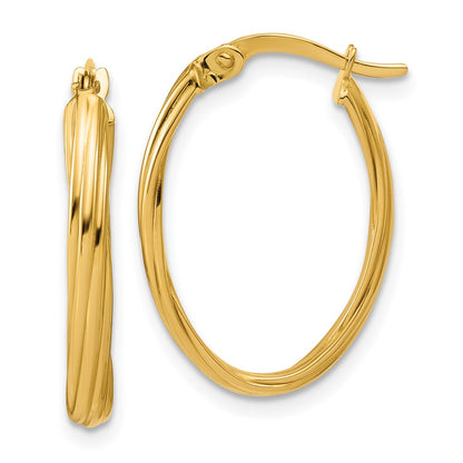14K Yellow Gold Polished And Grooved Twist Oval Hoop Earrings