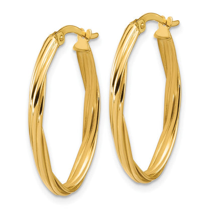 14K Yellow Gold Polished And Grooved Twist Oval Hoop Earrings