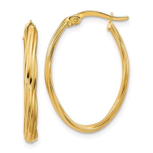 14K Yellow Gold Polished And Grooved Twist Oval Hoop Earrings