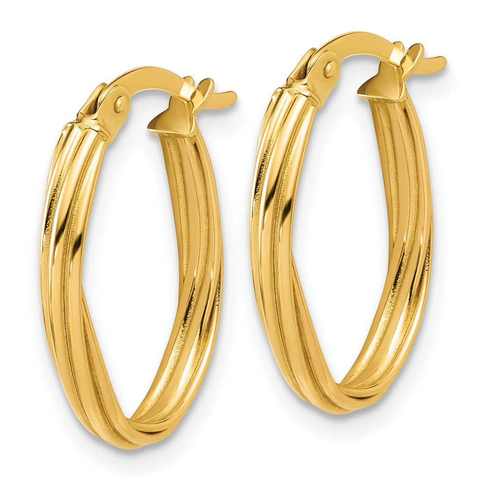 14K Yellow Gold Polished And Grooved Twist Oval Hoop Earrings