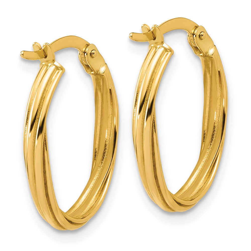 14K Yellow Gold Polished And Grooved Twist Oval Hoop Earrings