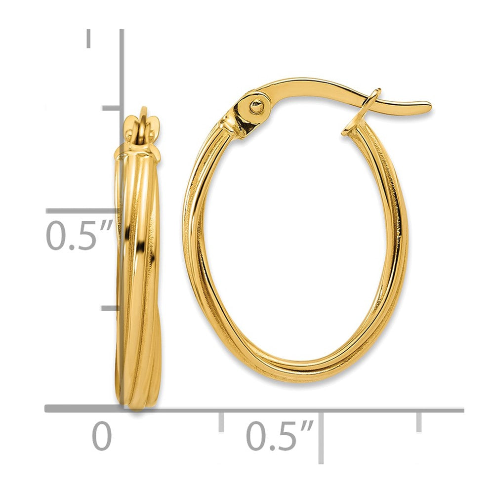 14K Yellow Gold Polished And Grooved Twist Oval Hoop Earrings