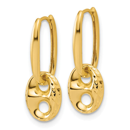 14K Yellow Gold Polished/Dia Cut Mariner Bead Hinged Hoop Earrings