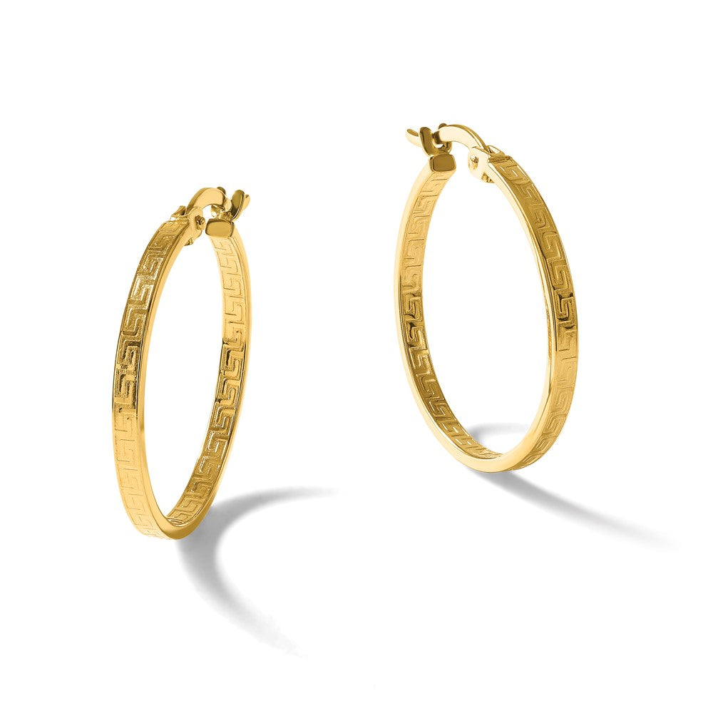 14K Yellow Gold Polished Greek Key Round Hoop Earrings