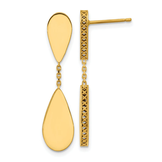 14K Yellow Gold Polished And Satin Teardrop Post Dangle Earrings