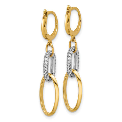 14K Two Tone Polished Cz Ovals Leverback Dangle Earrings