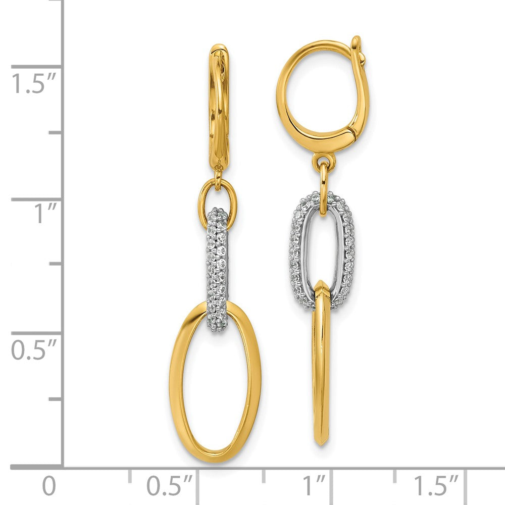 14K Two Tone Polished Cz Ovals Leverback Dangle Earrings