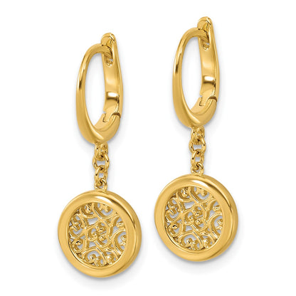 14K Yellow Gold Polished Fancy Filigree Circle Leverback Dangle Earrings