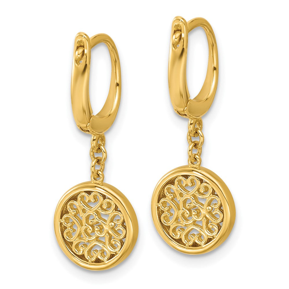 14K Yellow Gold Polished Fancy Filigree Circle Leverback Dangle Earrings