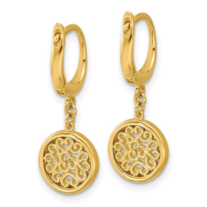 14K Yellow Gold Polished Fancy Filigree Circle Leverback Dangle Earrings