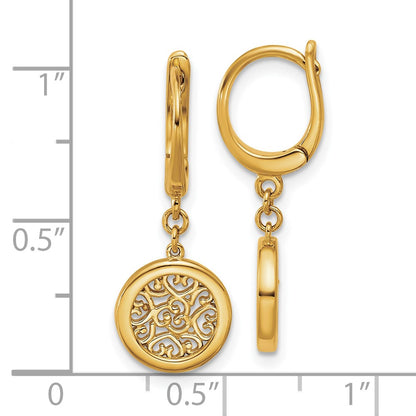 14K Yellow Gold Polished Fancy Filigree Circle Leverback Dangle Earrings