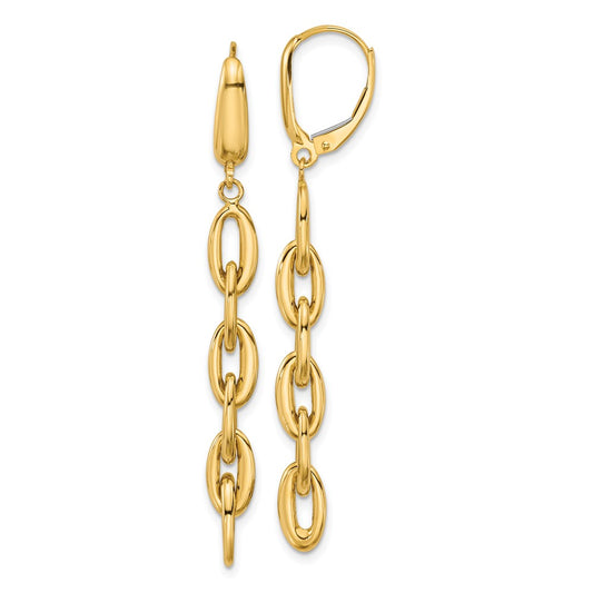 14K Yellow Gold Polished Fancy Oval Link Leverback Dangle Earrings
