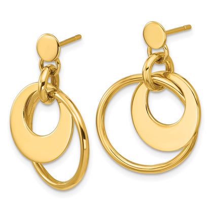 14K Yellow Gold Polished Fancy Double Circle Post Dangle Earrings