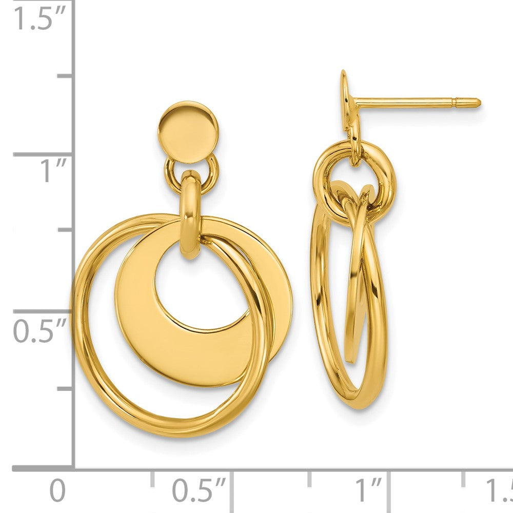 14K Yellow Gold Polished Fancy Double Circle Post Dangle Earrings