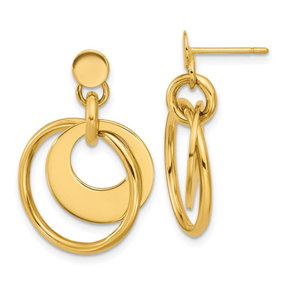 14K Yellow Gold Polished Fancy Double Circle Post Dangle Earrings