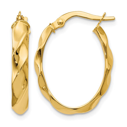14K Yellow Gold Polished And Twisted Oval Hoop Earrings