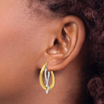 14K Two Tone Polished Twisted Double Hoop Earrings