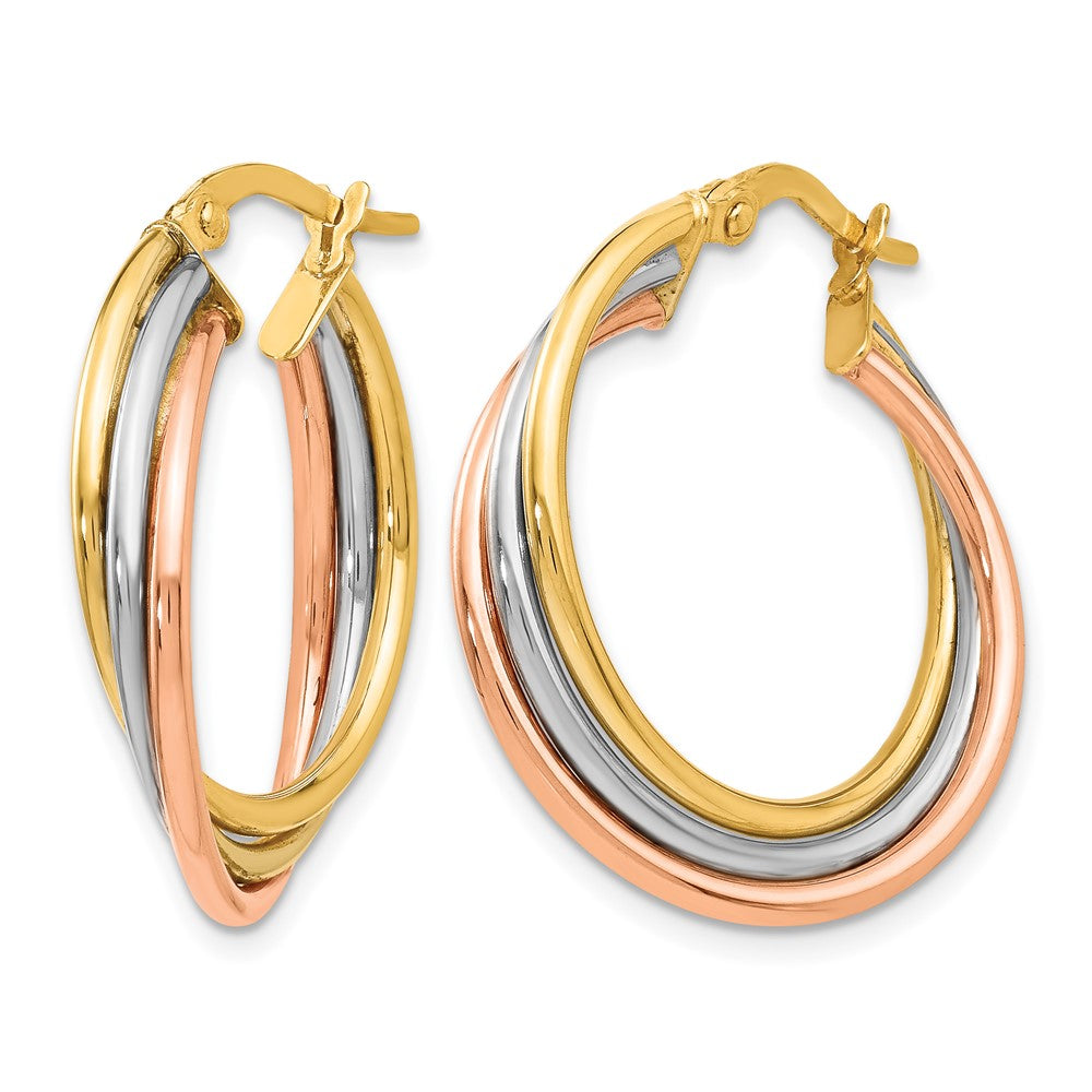 14K Tri-Color Polished And Textured Twisted Hoop Earrings