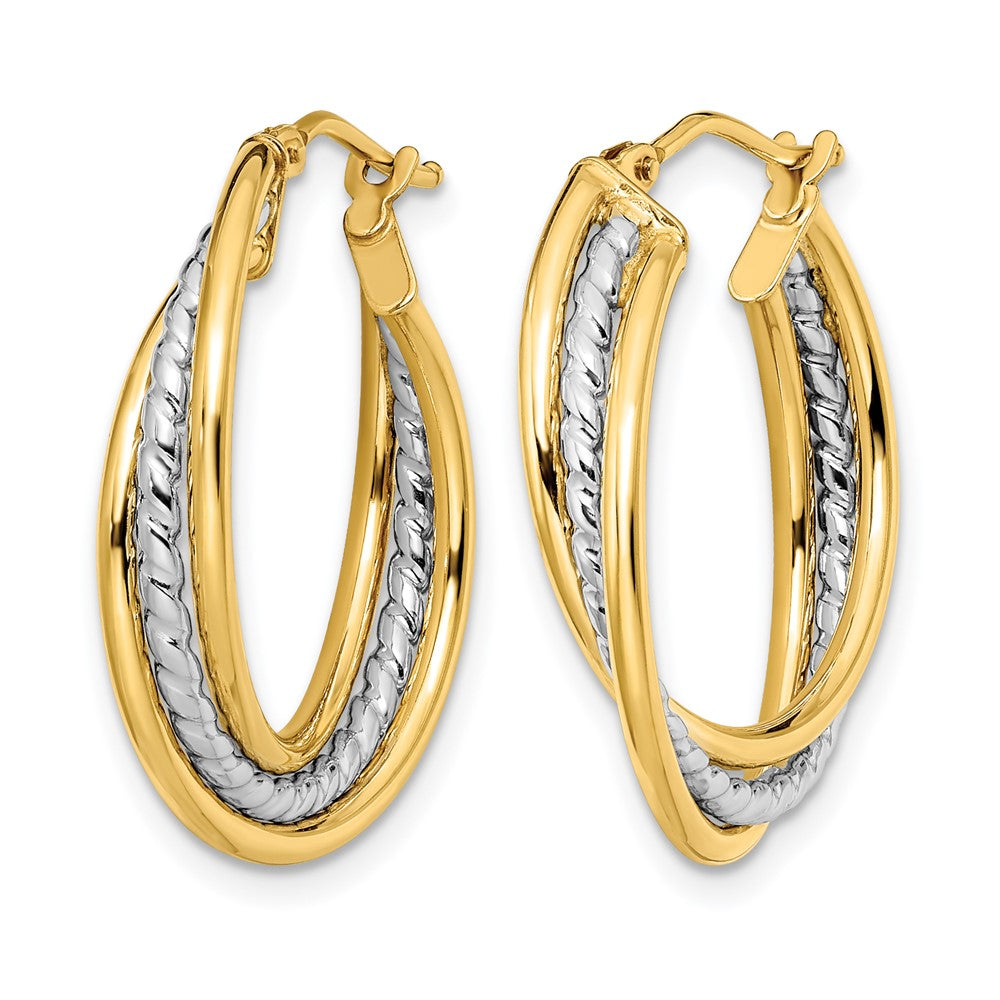 14K Two-Tone Polished And Textured Twisted Hoop Earrings