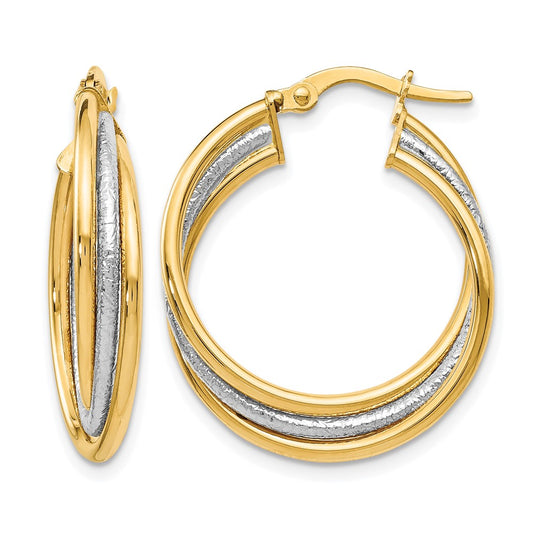 14K Two-Tone Polished And Textured Twisted Hoop Earrings