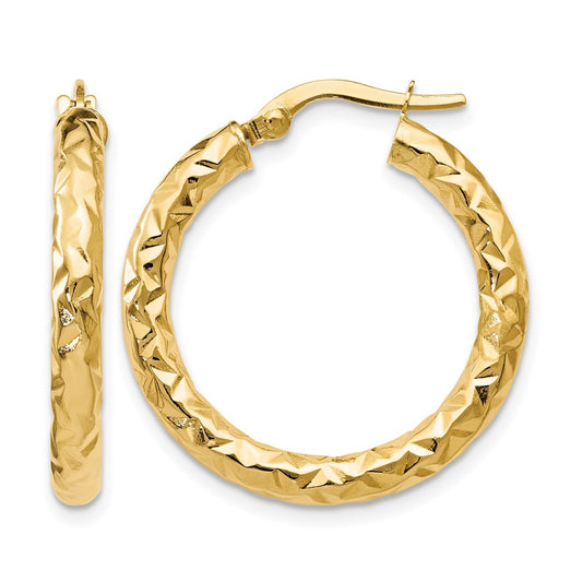 14K Yellow Gold Foreverlite Polished And Textured Hoop Earrings