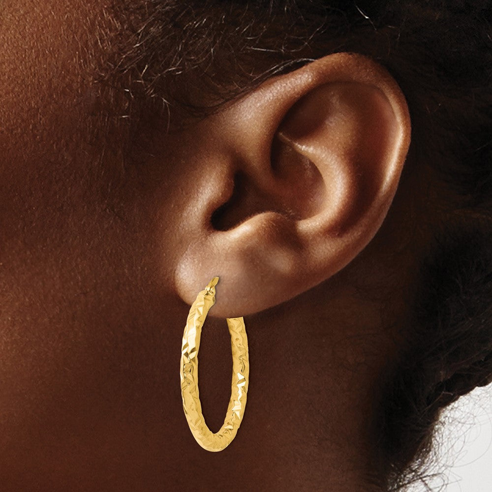 14K Yellow Gold Foreverlite Polished And Textured Hoop Earrings
