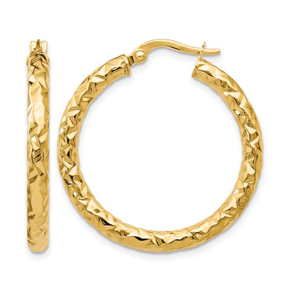 14K Yellow Gold Foreverlite Polished And Textured Hoop Earrings