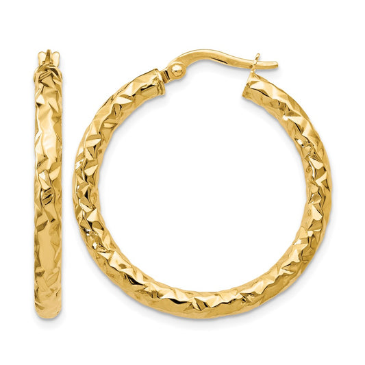 14K Yellow Gold Foreverlite Polished And Textured Hoop Earrings