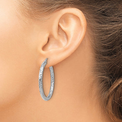 14K White Gold Foreverlite Polish/Textured Hoop Earrings