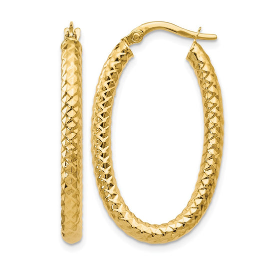 14K Yellow Gold Foreverlite Polished And Textured Oval Hoop Earrings