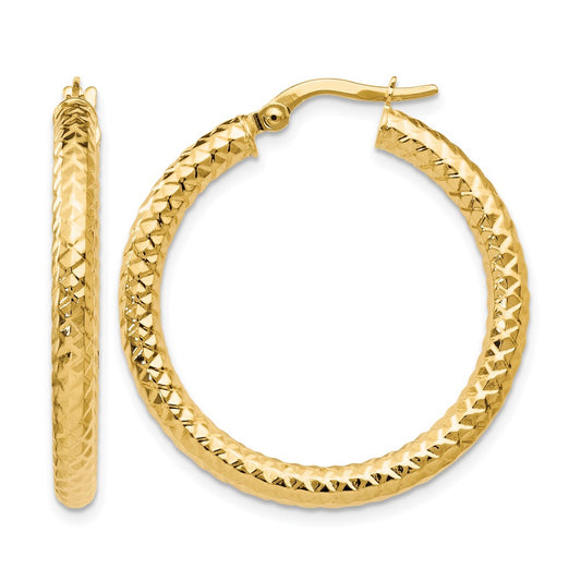 14K Yellow Gold Foreverlite Polished And Textured Hoop Earrings
