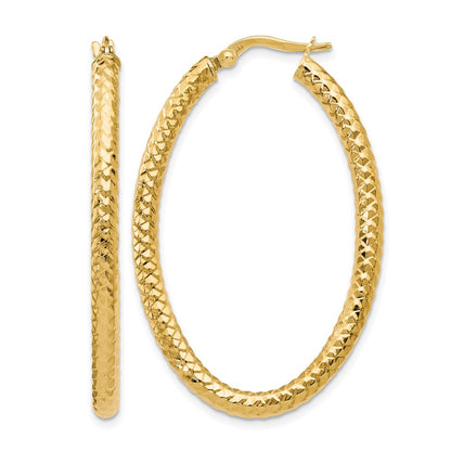 14K Yellow Gold Foreverlite Polished And Textured Oval Hoop Earrings