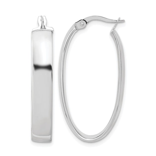 14K White Gold With Rhodium Plating Polished Oval Hoop Earrings