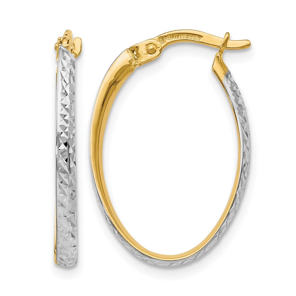 14K Yellow & Rhodium W/White D/C Oval Hoop Earrings