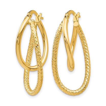 14K Yellow Gold Polished And Textured Hinged Hoop Earrings