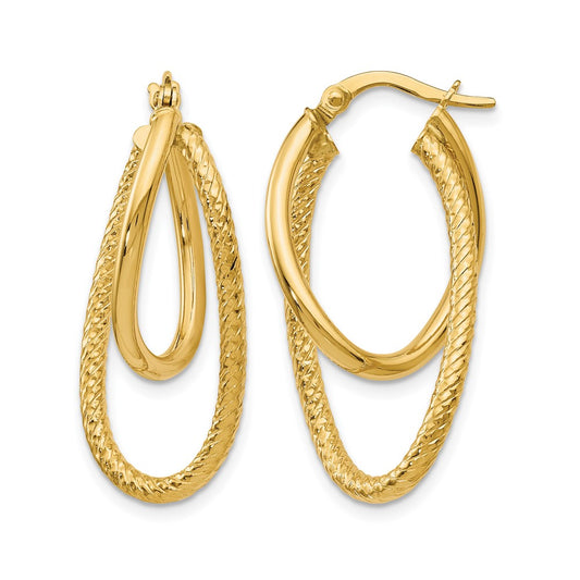 14K Yellow Gold Polished And Textured Hinged Hoop Earrings