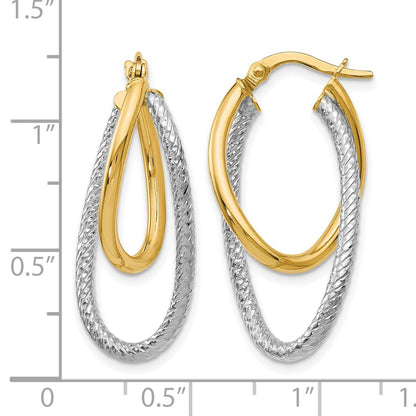 14K Two Tone Polished And Textured Hinged Hoop Earrings