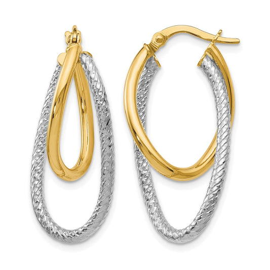 14K Two Tone Polished And Textured Hinged Hoop Earrings