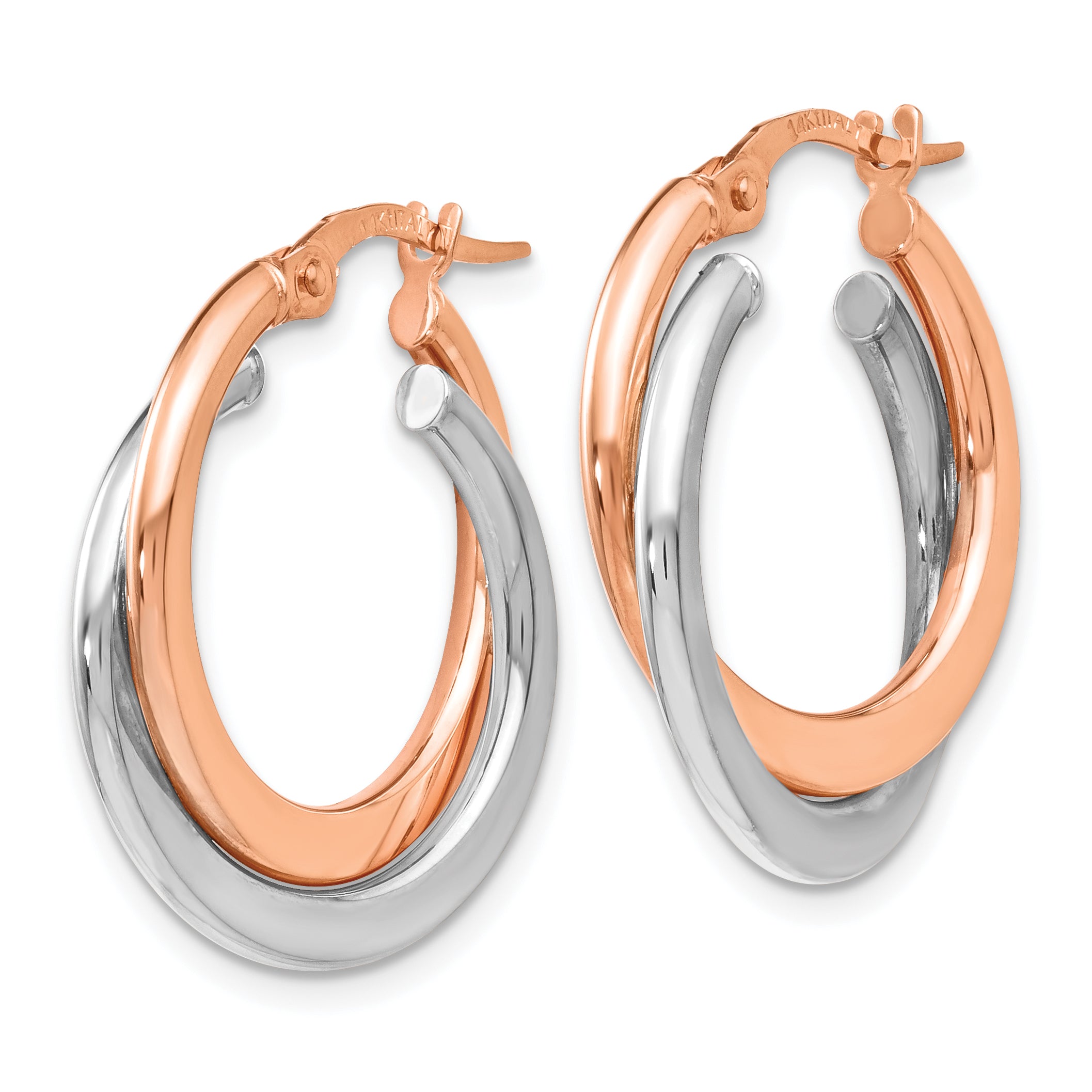 14K Yellow & Rhodium With Polished Hinged Double Hoop Earrings