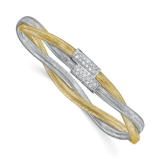 14K Yellow & Rhodium With White Cz Polished Mesh Stretch Bracelet